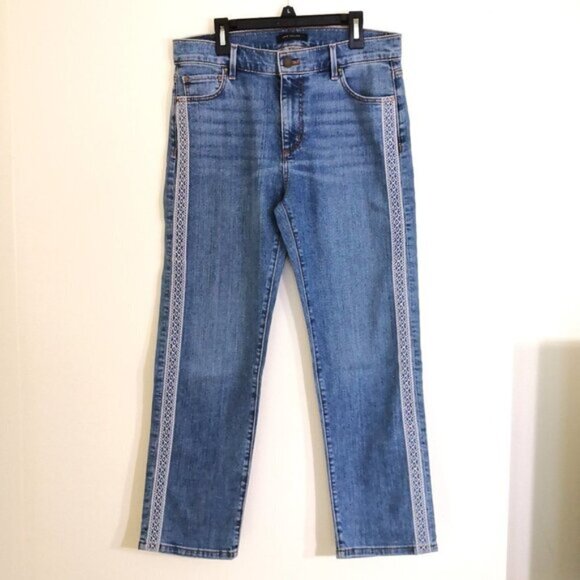 NEW Ann Taylor Straight Crop Jeans High Rise Embroidered Stripe Blue Size 2 - Picture 1 of 5